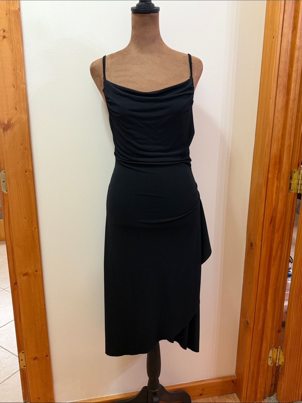 Jennyfer Classic Midi Dress with Soft Cowl Neck & Asymmetrical Draped Hem XS-S